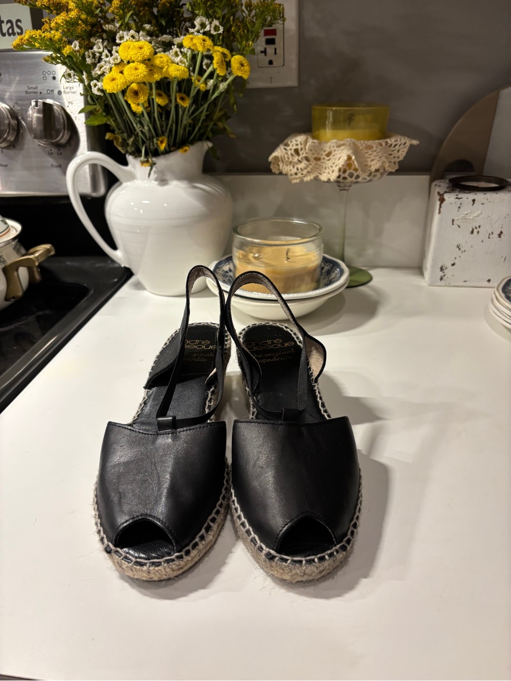 Andre Assous Black Leather Peep-Toe Espadrille Wedges with Slingback